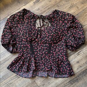 Cottagecore Corset Style Milk & Honey Cherry Petal Top, Puff Sleeve, Cropped